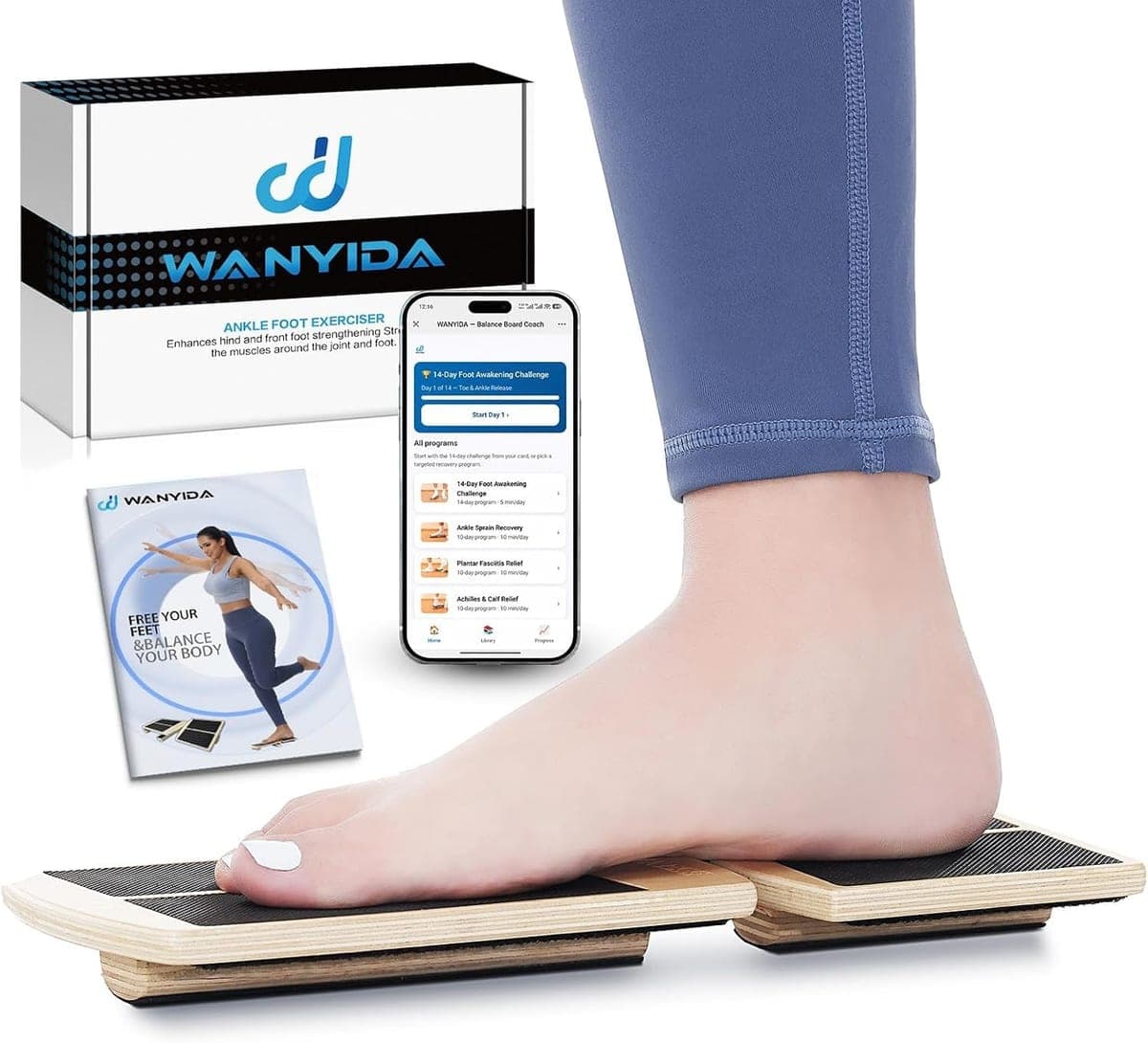 A bare foot on the two-part board, with its box, booklet and app