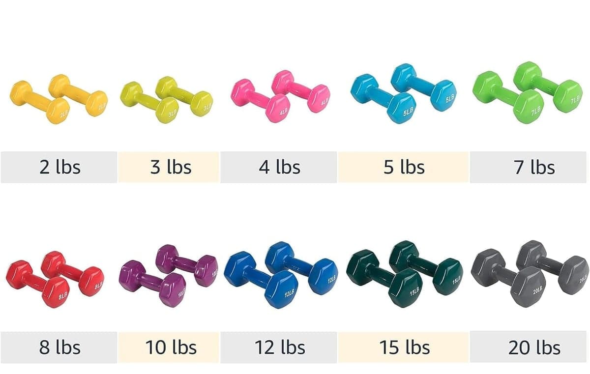 Vinyl dumbbell pairs in ten colors, one color per weight, from 2 lb to 20 lb