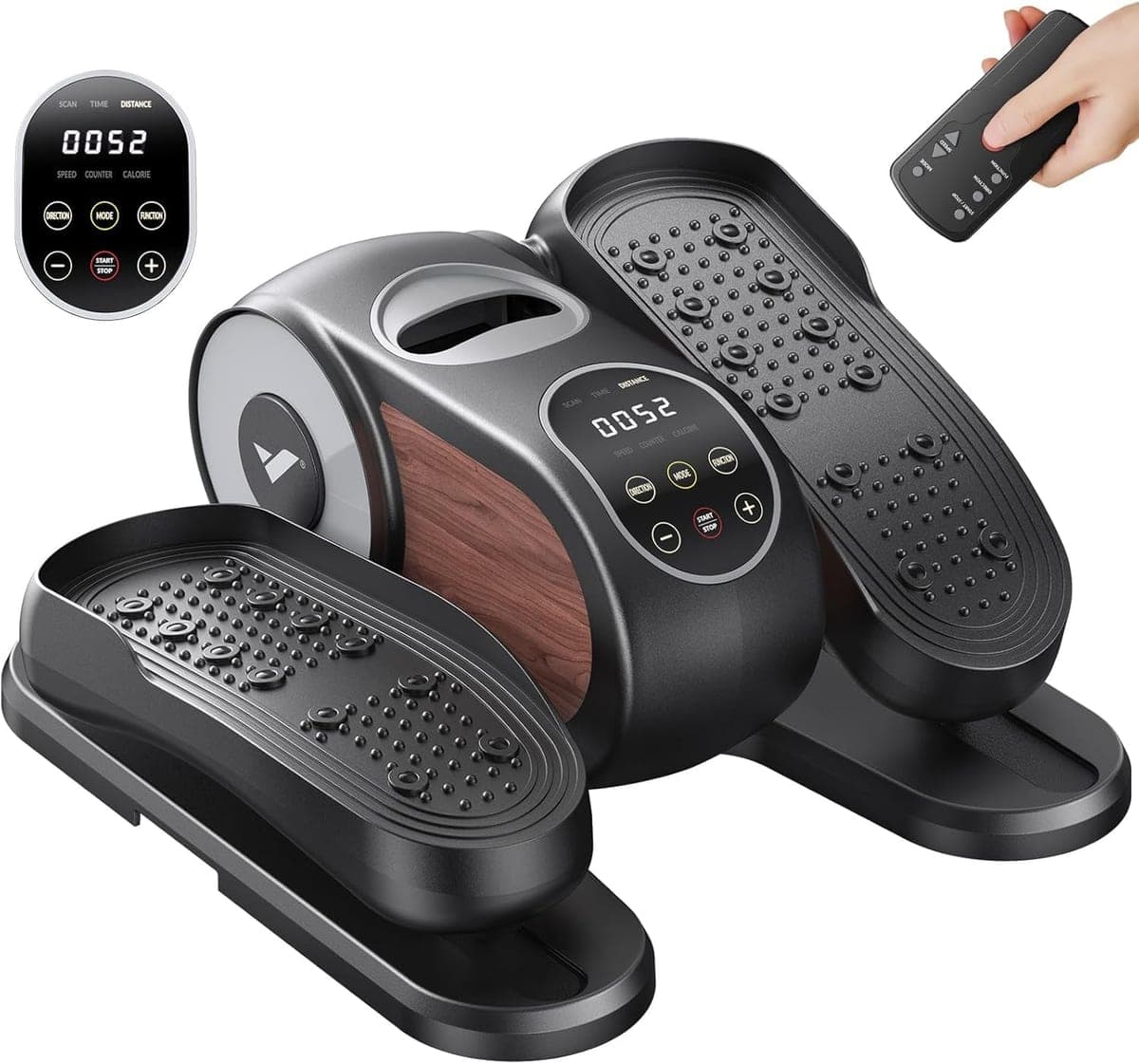The under-desk elliptical in black with wood-grain sides, with its remote