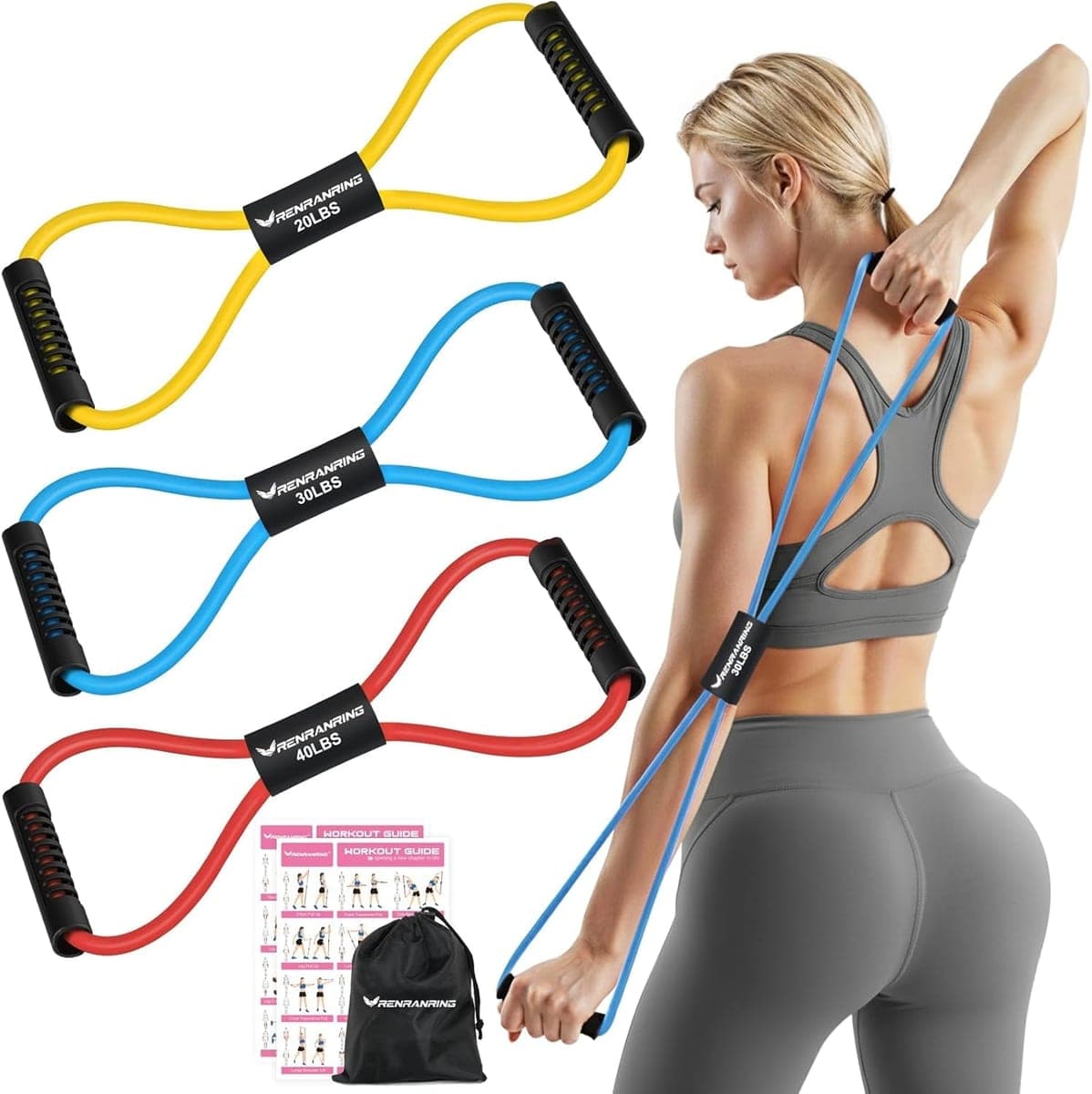 Yellow, blue and red figure-8 bands with a woman using the blue one behind her back