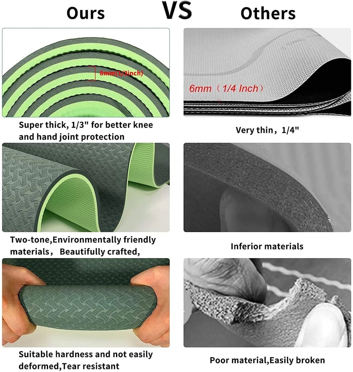 A side-by-side chart comparing this 8 mm mat with a thinner 6 mm mat
