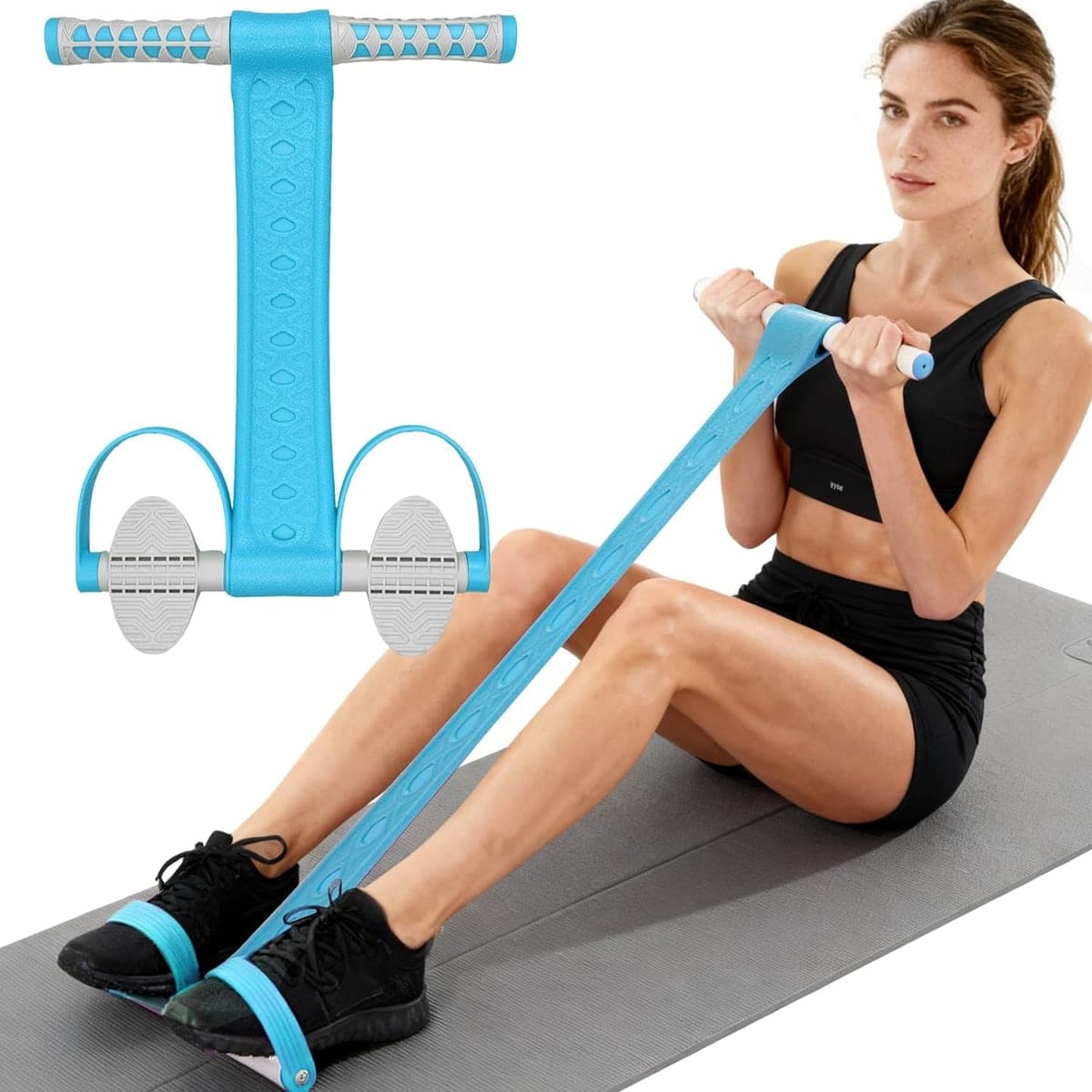 A woman sitting on a mat rowing with the blue band, beside the band on its own