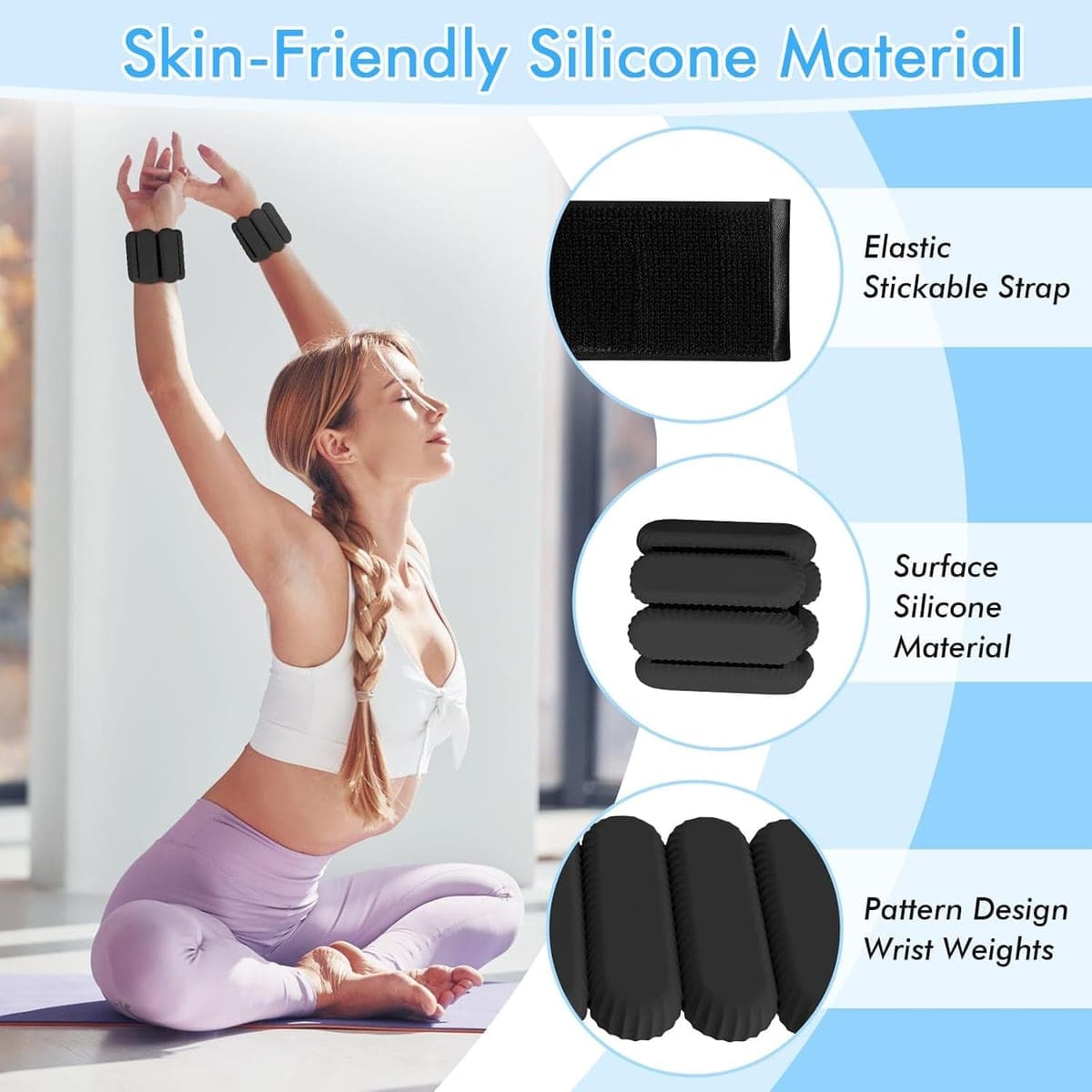 A woman seated on a mat with weights on her wrists, beside close-ups of the strap and silicone